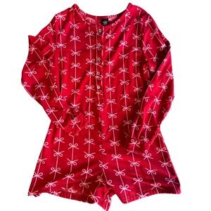 Red Bow Print Long Sleeve Henley Romper Loungewear Pajamas Large coquette